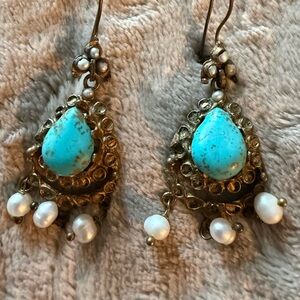 Turquoise and Gold Turkish Dangle Earrings